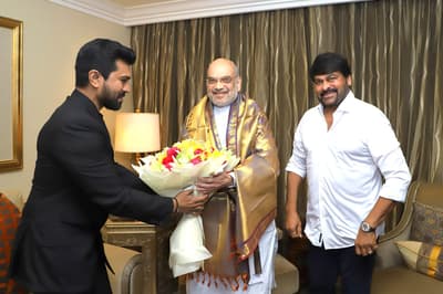 Ram Charan and his father Chiranjeevi meet Union Home Minister Amit Shah in New Delhi after winning Oscar