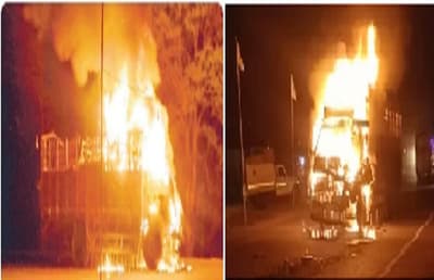 Road Accident: Heavy collision between two trucks on NH-30, fire started due to explosion of cylinder, driver trapped in the cabin